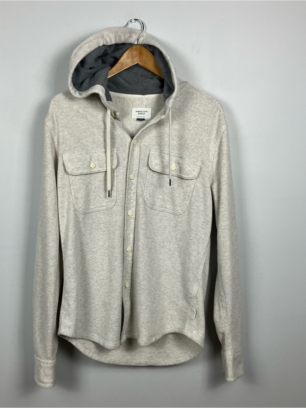 American Eagle Super Soft Waffle Knit Hoodie Shirt Button Front Men’s Small